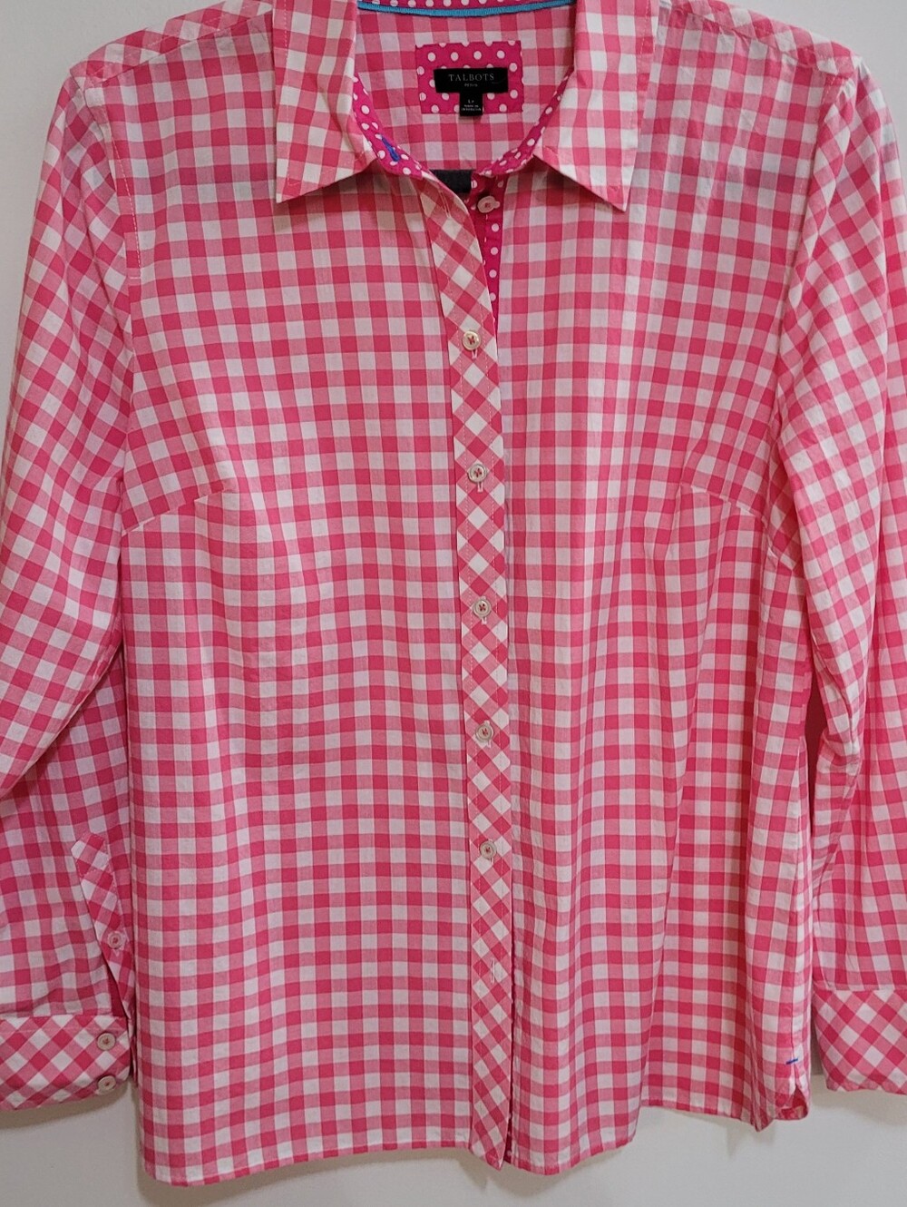 Talbots Pink and White Gingham Button-Down Shirt /Polka Dot Trim
